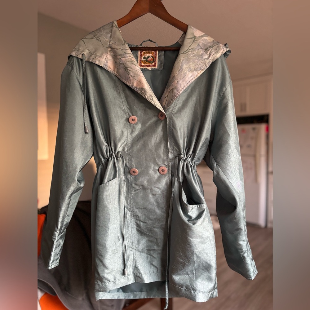Vintage 80s Sage Green Hooded Annex Brand Drawstring Waist Size Mediumtrenchcoat